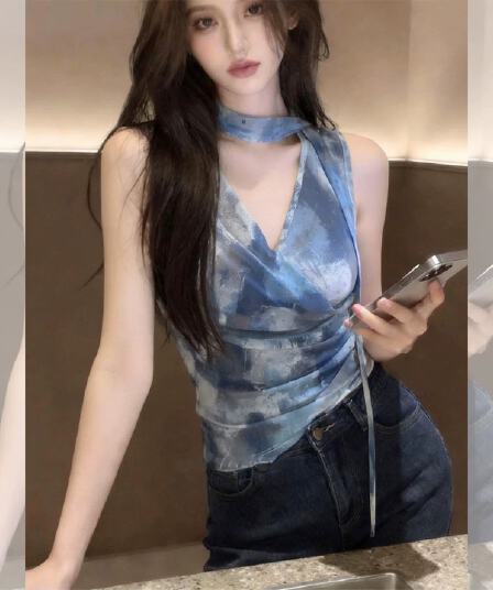 블루 색 후광 염색 프린트 V넥 리본 조끼 여성 민소매 허리 수축 아름다운 슬립 자이언트 잘 생긴 Chic 맨위 여름