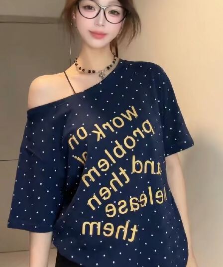 220 그램 40 순면 오스트리아 세대 서울 도트 무늬 비스듬한 어깨 반팔 티셔츠 여성