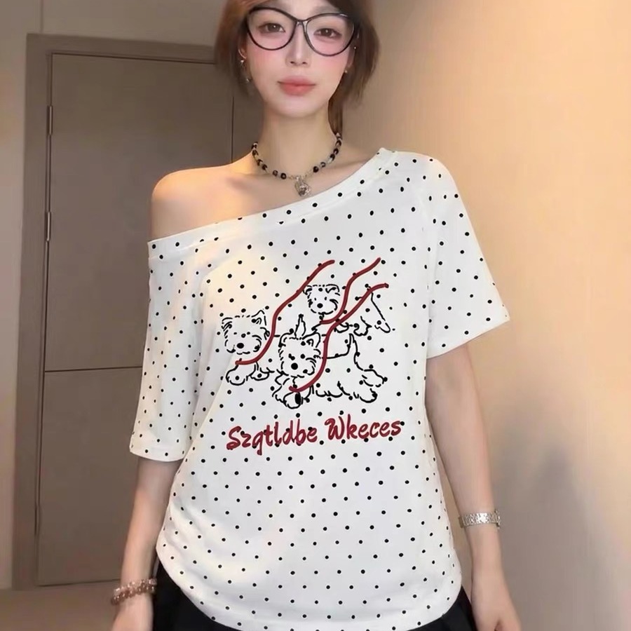 220 그램 40 순면 오스트리아 세대 서울 도트 무늬 비스듬한 어깨 반팔 티셔츠 여성