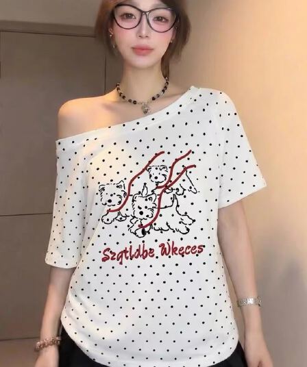 220 그램 40 순면 오스트리아 세대 서울 도트 무늬 비스듬한 어깨 반팔 티셔츠 여성