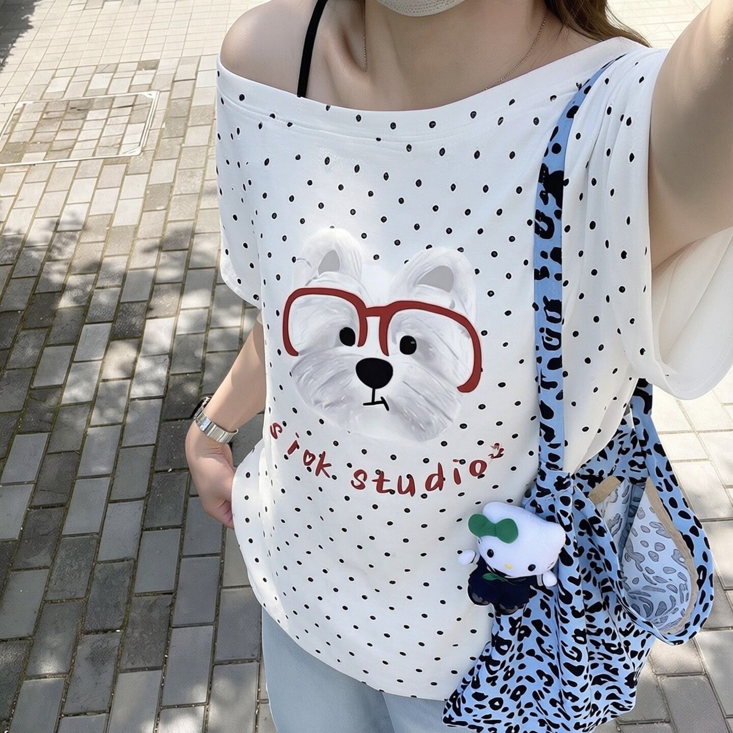 220 그램 40 순면 오스트리아 세대 서울 도트 무늬 비스듬한 어깨 반팔 티셔츠 여성