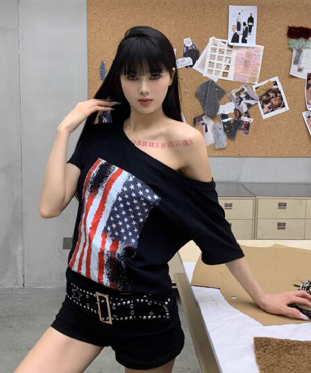 220 그램 92 면 8 암모니아 Lun 아메리칸 핫걸 비스듬한 어깨 알파벳 프린트 반팔 티셔츠 여성