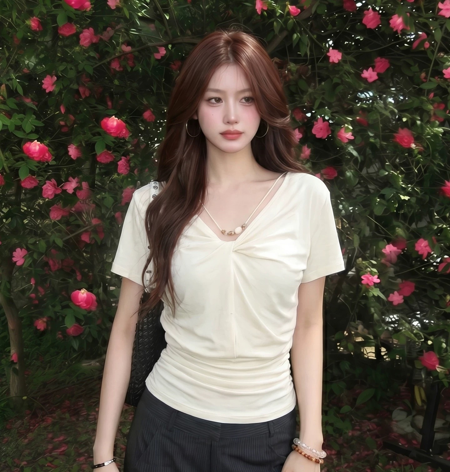 260 그램 사람들 면 V넥 비틀림 반팔 티셔츠 여성 여름 디자인 센스 주름 허리 수축 몸매 가꾸기 슬림해 보이는 품격 맨위