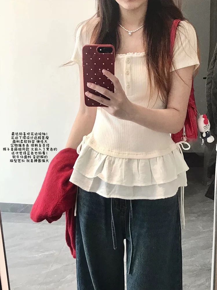순수한 욕망 레이스 레이스 밑단 대 u 칼라 긍정적 인 어깨 반팔 티셔츠 여성 여름 디자인 센스 한 부서 몸매 가꾸기 허리 수축 맨위