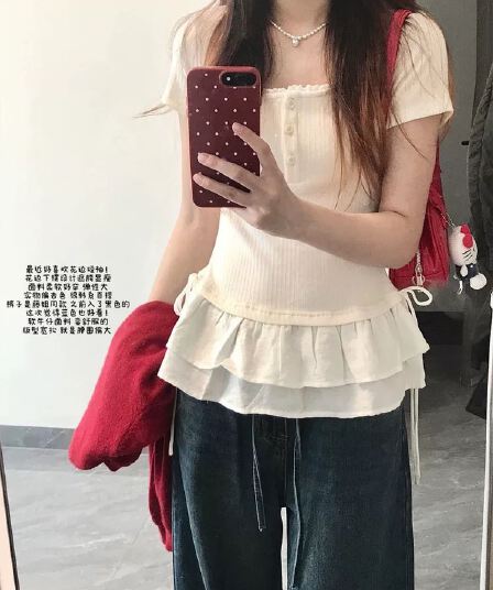 순수한 욕망 레이스 레이스 밑단 대 u 칼라 긍정적 인 어깨 반팔 티셔츠 여성 여름 디자인 센스 한 부서 몸매 가꾸기 허리 수축 맨위