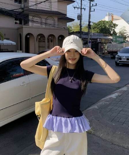 홍콩 느낌 몸매 가꾸기 페이크 레이어드 반팔 티셔츠 여성 프릴 패치워크 체크무늬 라운드 넥 맨위 순수한 욕망 발레 바람 작은 셔츠