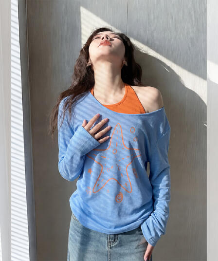 한 부서 비스듬한 어깨 긴팔 티셔츠 블라우스 여성 여름 Tulle 외부 가져 가라. 느긋한 바람 루즈핏 자외선 차단 맨위 투피스 슈트
