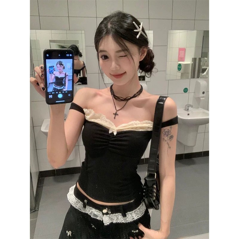 260 그램 사람들 면 법률 시스템 레이스 조각 검정색 캐미솔 여름 고급 센스 슬림해 보이는 외출용 맨위
