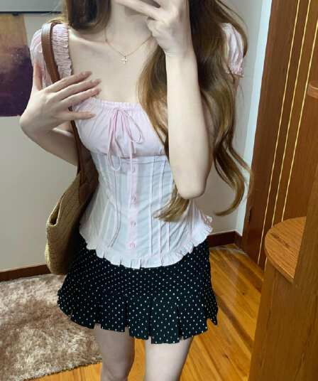 주간 실크 원단 참나무 늑골 조정 달콤함 연령 감소 소녀 바람 광장 칼라 거품 소매 작은 셔츠 핑크색 허리 수축 맨위 여성