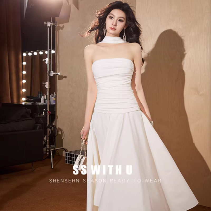 원본 것 있음 네리 아름다운 오프숄더 민소매 튜브탑 행침 목 드레스 첫사랑 하얀 달빛 프랑스식 롱 스커트