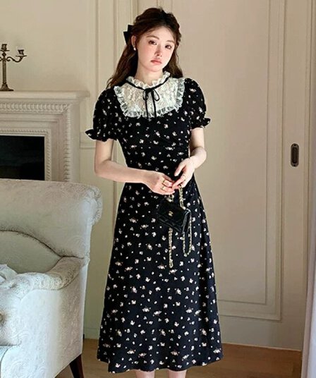 프랑스식 새로운 차 휴식 레이스 조각 검정색 꽃무늬 드레스 miu 부서 허리 수축 슬림해 보이는 레트로 작은 검은 색 치마