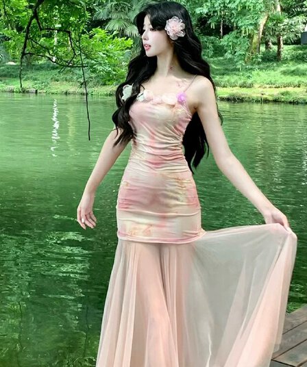 원본 것 있음 네리 섹시함 순수한 욕망 핑크색 꽃무늬 슬립 드레스 아름다운 망사 인어 꼬리 타이트 스커트 롱 스커트