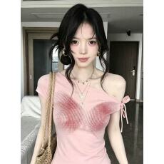 批发甜美少女风晕染蝴蝶印花斜肩短袖t恤女夏季修身绑带显瘦设计上衣