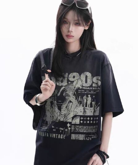 순면 230 크 워싱 마 오래된 프린트 반팔 티셔츠 여성