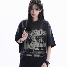 批发纯棉230克-水洗做旧 印花短袖T恤女