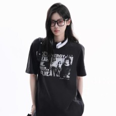 批发纯棉230克-水洗做旧 印花短袖T恤女