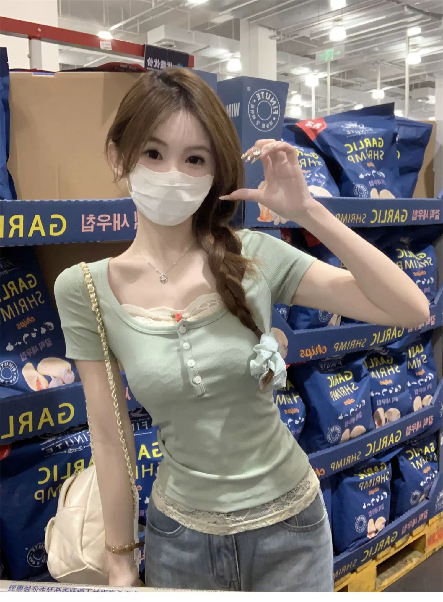 사람들 면 260 그램 달콤함 페이크 레이어드 레이스 조각 반팔 티셔츠 여성 여름 핫걸 반 개방 칼라 단추 맨위