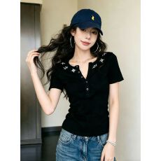 批发人棉260克 美式辣妹风黑色亨利领正肩短袖t恤女夏季设计感修身潮