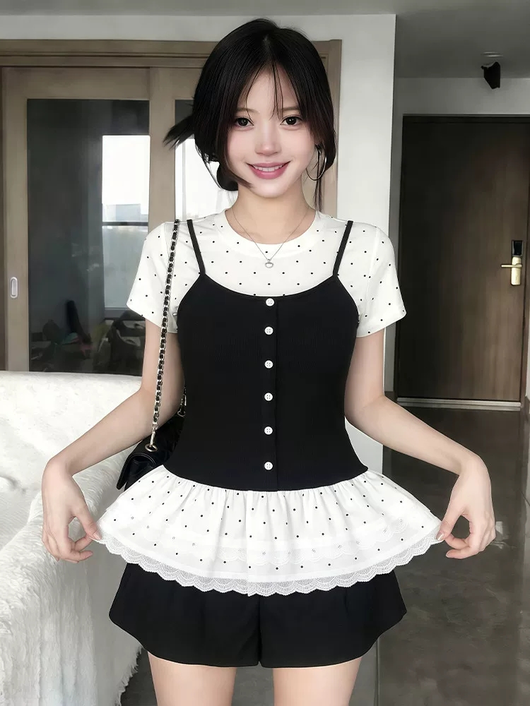 사람들 면 260 그램 빅 사이즈 지방 mm 한 부서 달콤함 페이크 레이어드 반팔 티셔츠 여성 의류 여름 발레 바람 슬림해 보이는 가스