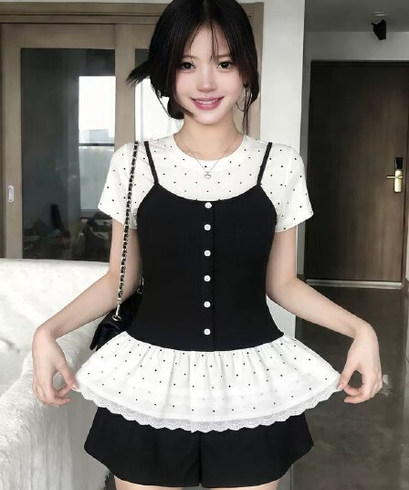 사람들 면 260 그램 빅 사이즈 지방 mm 한 부서 달콤함 페이크 레이어드 반팔 티셔츠 여성 의류 여름 발레 바람 슬림해 보이는 가스