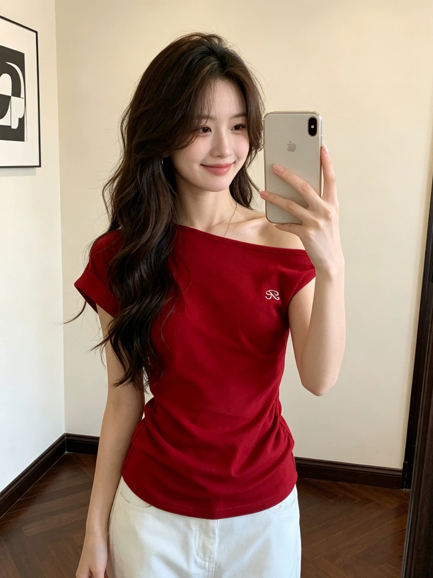 사람들 면 260 그램 핫걸 빨간색 비스듬한 어깨 반팔 티셔츠 여성 몸매 가꾸기 디자인 센스 오프숄더 고유 한 아름다운 맨위