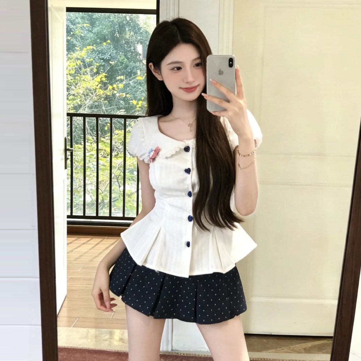 프랑스식 달콤함 베이비 칼라 허리 수축 스트랩 거품 소매 맨위 여성 봄 여름 새로운 도트 무늬 반신 스커트 투피스 슈트