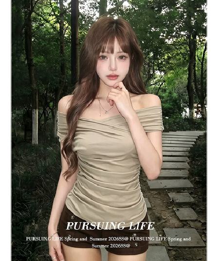 260 그램 사람들 면 디자인 센스 오프숄더 맨위 여성 여름 한 부서 펌프 Pleat 슬림해 보이는 반팔 몸매 가꾸기 핫걸 티셔츠