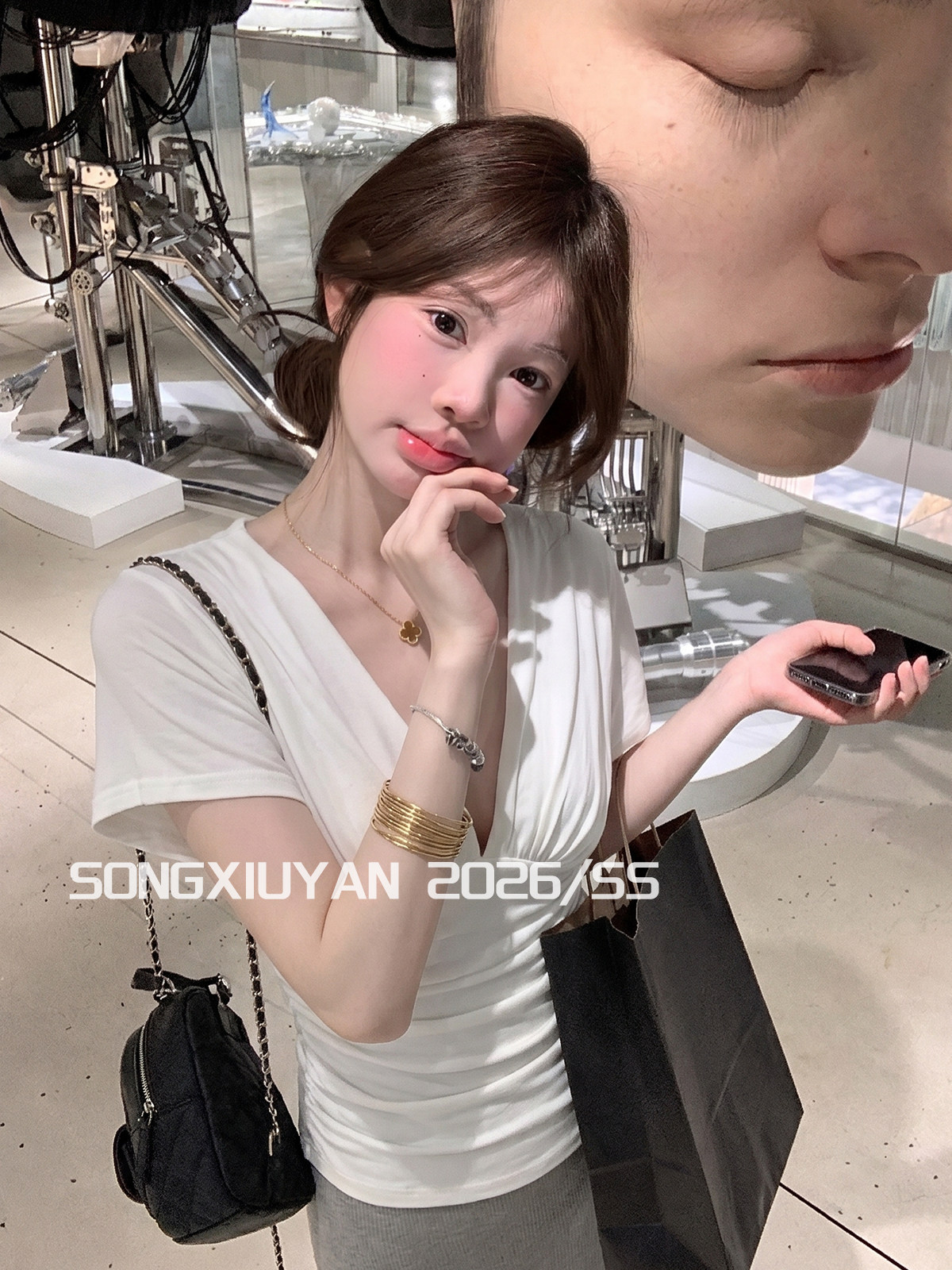 라이 경기 서울 한 부서 달콤한 매운맛 바람 화이트 깊은 V 넥 섹시함 주름 허리 수축 반팔 티셔츠 여성 여름 몸매 가꾸기 작은 맨위