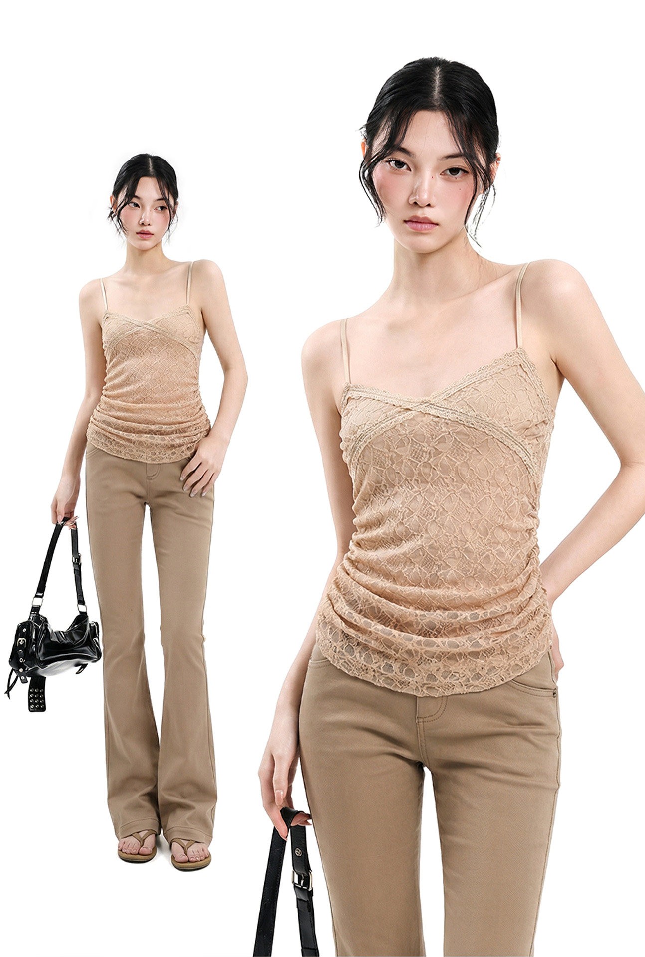핫걸 카키 색 레이스 펌프 Pleat 몸매 가꾸기 캐미솔 여름 새로운 디자인 센스 인사이드 가져 가라. 민소매 작은 맨위