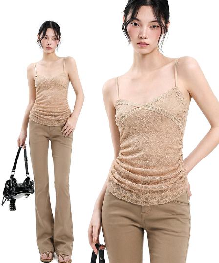핫걸 카키 색 레이스 펌프 Pleat 몸매 가꾸기 캐미솔 여름 새로운 디자인 센스 인사이드 가져 가라. 민소매 작은 맨위