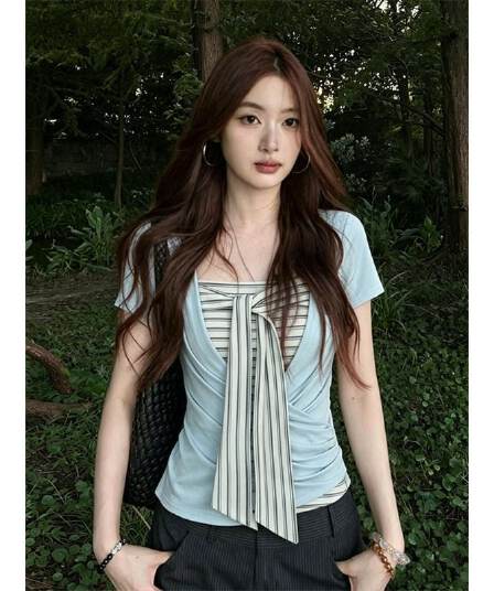 원본 것 한 부서 반팔 티셔츠 투피스 슈트 여성 여름 스트라이프 튜브탑 조끼 몸매 가꾸기 디스플레이 맨위