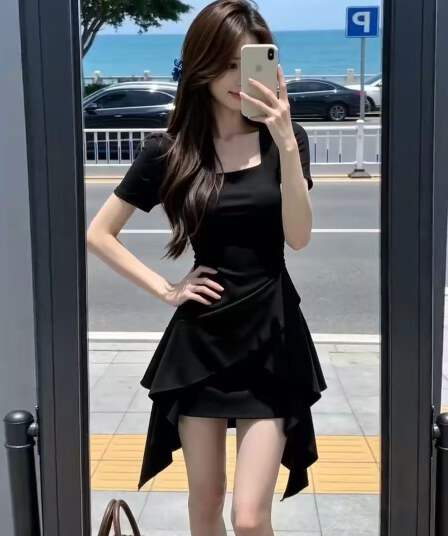 프랑스식 그는 벤 바람 검정색 점프 슈트 치마 여름 고급 센스 품격 허리 수축 불규칙 밑단 디자인 센스 미니 스커트