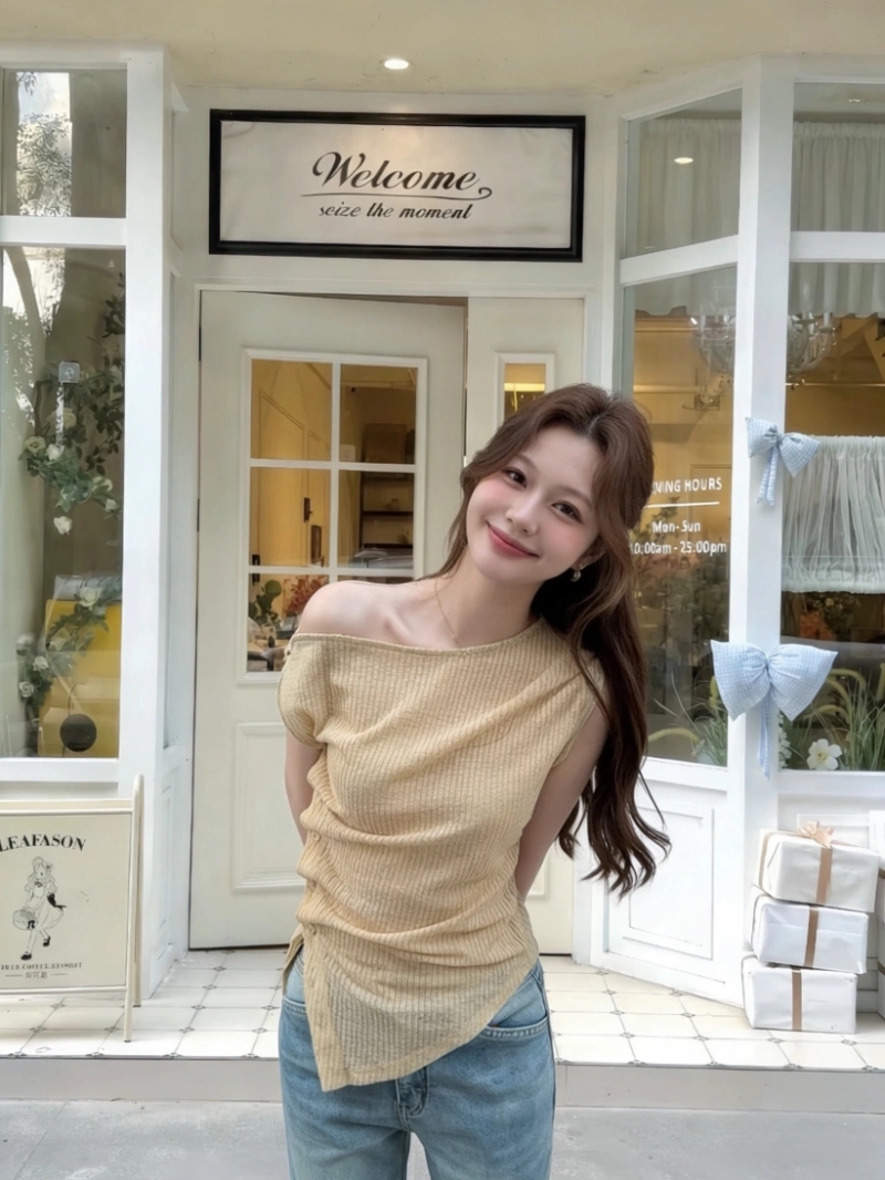 원본 원단 작은 대중 비스듬한 어깨 몸매 가꾸기 반팔 티셔츠 여성 여름 순수한 욕망 다용도 비대칭 오프숄더 맨위