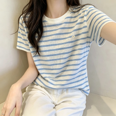 批发韩系条纹短袖T恤女夏季<b class='q'>新款</b>薄款宽松显瘦简约小众休闲宽松上衣