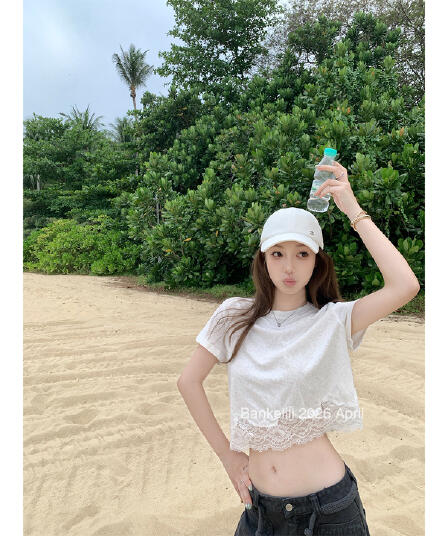 밤나무 코코아 bankelili 산소 miu 버전 천 골드 센스 레이스 레이스 티셔츠 슬림해 보이는 여성