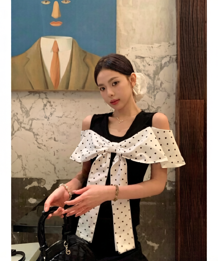 원본 원단 것 도트 무늬 페이크 레이어드 반팔 티셔츠 여름 한 부서 나비 매듭 오프숄더 맨위