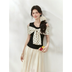 批发原版提花+人棉蝴蝶结拼接黑色<b class='q'>短袖</b><b class='q'>T</b><b class='q'>恤</b>辣妹露肩上衣