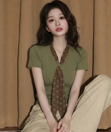 2 2 인 면 260 그램 V넥 긍정적 인 어깨 반팔 티셔츠 여성 여름 허리 수축 몸매 가꾸기 슬림해 보이는 레이스업 디자인 센스 맨위