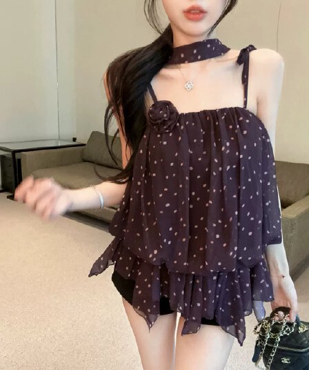순수한 욕망 달콤함 이슬 쇄골 도트 무늬 캐미솔 루즈핏 슬림해 보이는 표지 고기 싱글 착용 작은 셔츠 민소매 Chic 맨위 여성