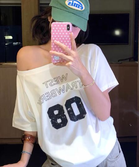 220 그램 92 면 8 암모니아 Lun 아메리칸 핫걸 비스듬한 어깨 알파벳 프린트 반팔 티셔츠 여성