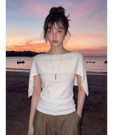 무료 자르다 프랑스식 오래된 돈 바람 오프숄더 망토 반팔 티셔츠 여성 여름 느슨함 허리 수축 도루 센스 맨위