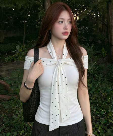 40 면 1 1 오스트리아 세대 서울 220 그램 핫걸 바람 화이트 도트 무늬 행침 목 오프숄더 반팔 티셔츠