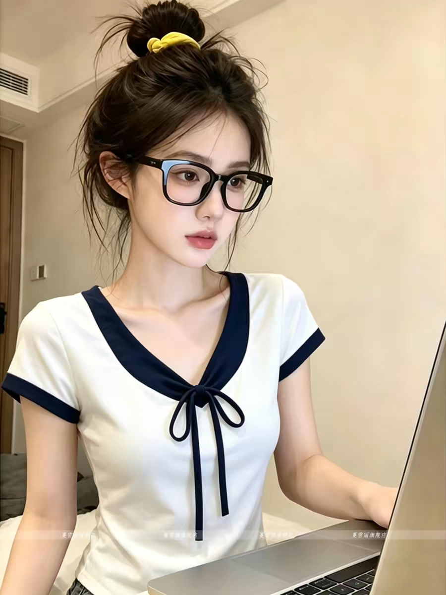 40 면 1 1 오스트리아 세대 서울 220 그램 한 부서 배색 나비 매듭 V넥 반팔 티셔츠 작은 맨위