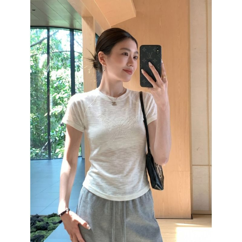 원본 원단 것 한 스타일 화이트 긍정적 인 어깨 반팔 티셔츠 여름 디자인 센스 몸매 가꾸기 쇼트 스타일 맨위