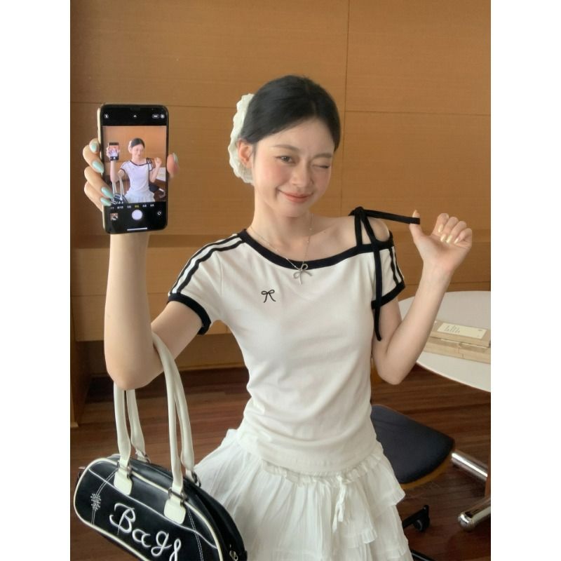 원본 것 원단 아메리칸 비스듬한 오프숄더 스트랩 스트라이프 반팔 티셔츠 여름 핫걸 긍정적 인 어깨 의류
