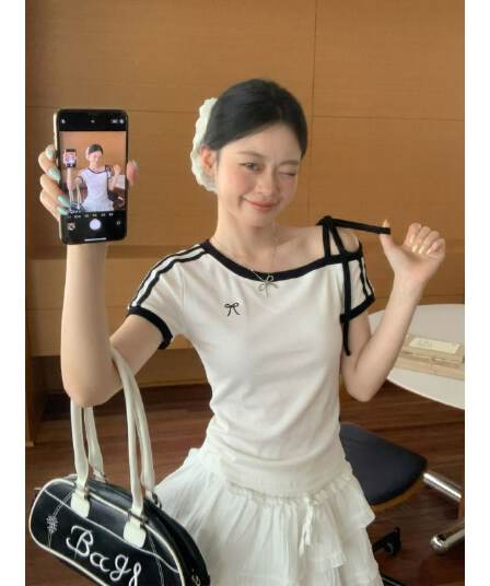 원본 것 원단 아메리칸 비스듬한 오프숄더 스트랩 스트라이프 반팔 티셔츠 여름 핫걸 긍정적 인 어깨 의류
