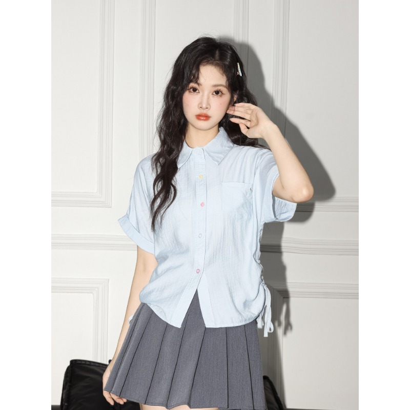 원본 것 원단 하늘색 POLO 칼라 반팔 셔츠 여름 루즈핏 펌프 로프 맨위