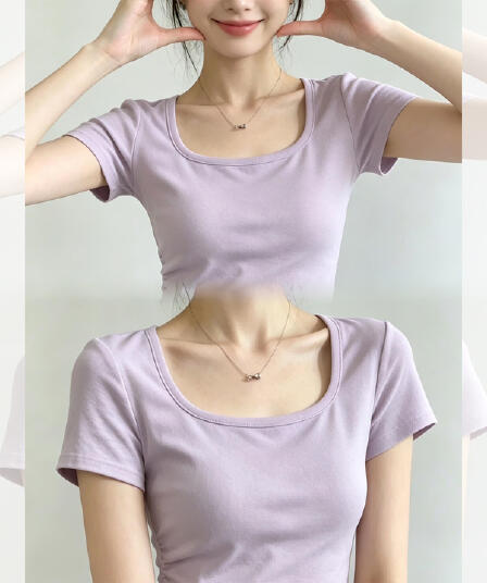 부드러운 바람 라벤더 광장 칼라 반팔 티셔츠 여성 2026 년 여름 새로운 작은 맨위 밝은 도파민 착용 가져 가라.