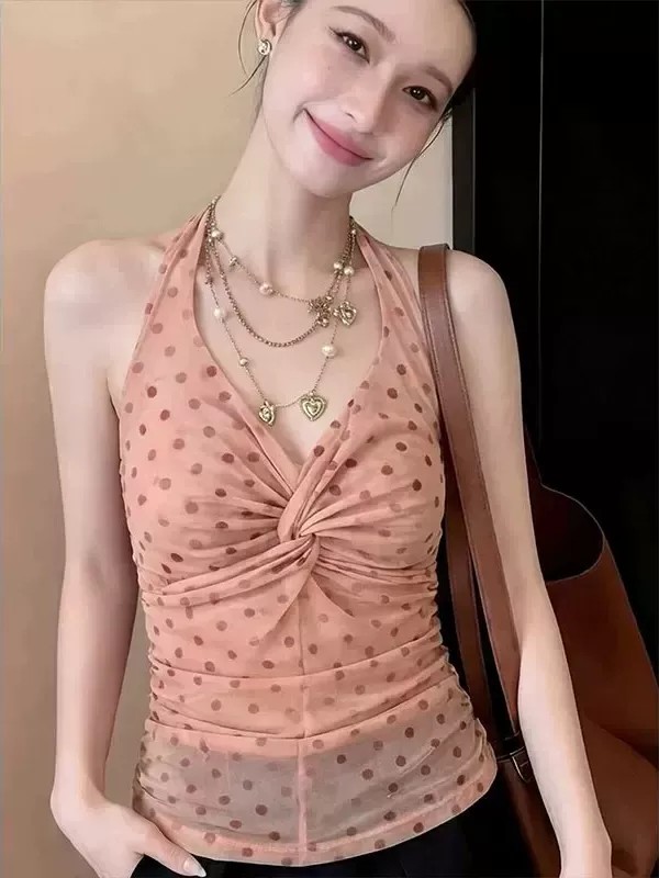 프랑스식 달콤한 스타일 도트 무늬 V넥 비틀림 캐미솔 여름 몸매 가꾸기 슬림해 보이는 고유 한 Chic 민소매 맨위