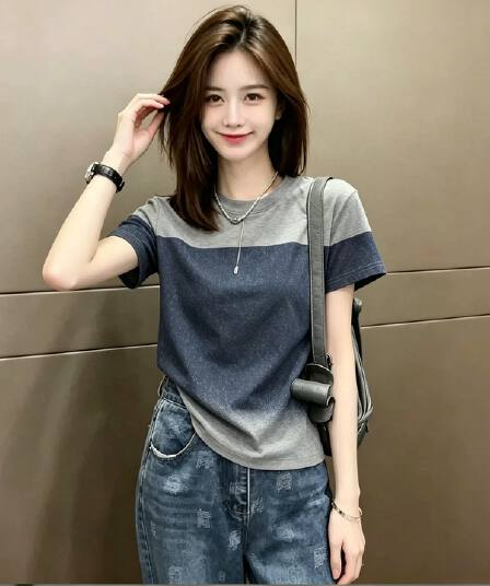 빅 사이즈 패션 배색 그라데이션 반팔 티셔츠 여성 여름 지방 mm 외국 가스 루즈핏 슬림해 보이는 디자인 센스 반소매 맨위